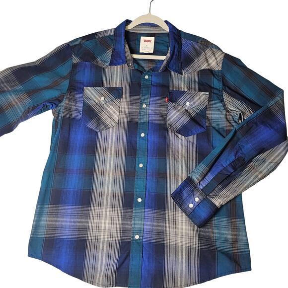 Levis Western Snap Up Collared Shirt Blue Gray and Black Size XL PTP 23 Lgth 30 - Picture 3 of 9
